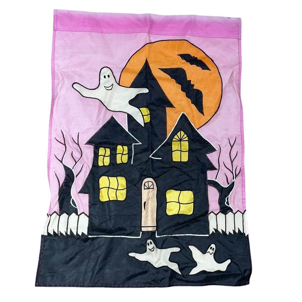 Halloween Haunted House Garden Flag 39" Large Banner Spooky Ghost Orange Moon